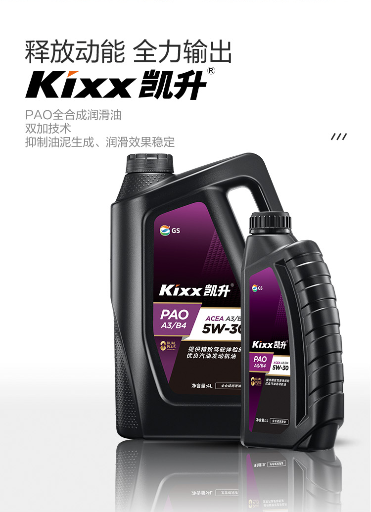 GS (Kixx) 凱升PAO全合成機油 5W-30 A3B4級 黑凱系列 4L-第2張圖片-鄭州市冠恒貿(mào)易有限公司【官方網(wǎng)站】-車用潤滑油服務專家